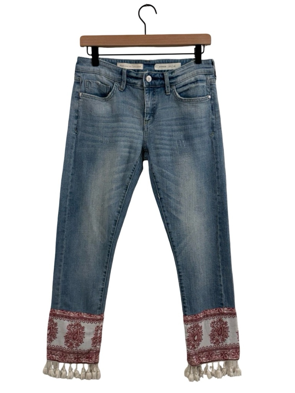Pilcro Blue Cropped Jeans with Red Embroidered Hem and Tassels